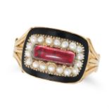 AN ANTIQUE GARNET, PEARL AND ENAMEL MOURNING RING in yellow gold, set with an elongated cabochon ...