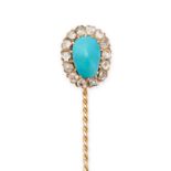 AN ANTIQUE TURQUOISE AND DIAMOND STICK PIN in yellow gold, set with a cabochon turquoise in a clu...