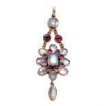 AN ANTIQUE RAINBOW MOONSTONE AND GARNET CLUSTER PENDANT in 9ct yellow gold, set with a cluster of...