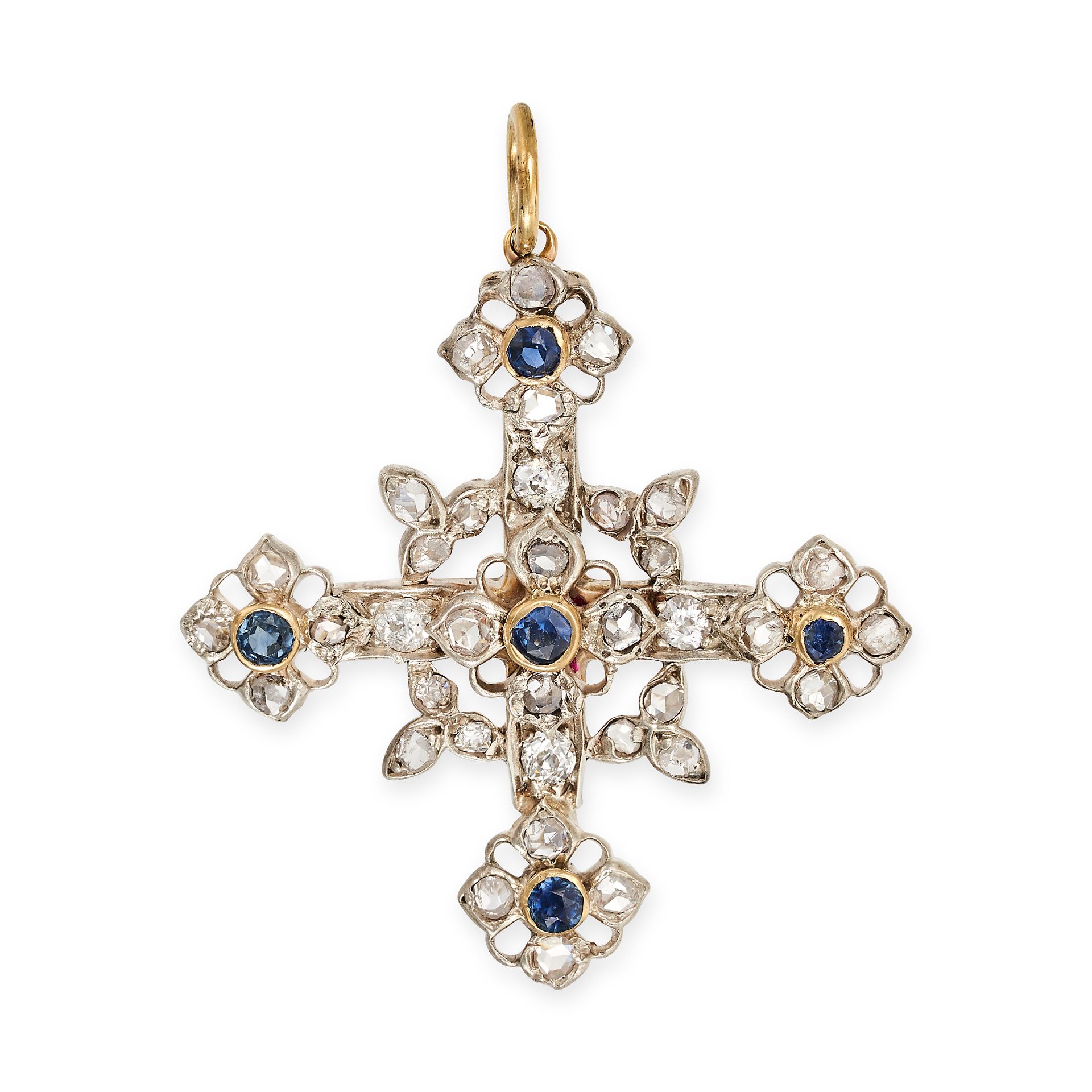 AN ANTIQUE DIAMOND AND SAPPHIRE CROSS PENDANT in yellow gold and silver, the pendant designed as ...