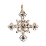 AN ANTIQUE DIAMOND AND SAPPHIRE CROSS PENDANT in yellow gold and silver, the pendant designed as ...