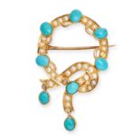 AN ANTIQUE TURQUOISE AND PEARL KNOT BROOCH in 18ct yellow gold, designed as a knot set with oval ...