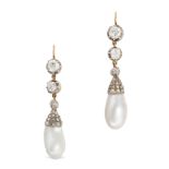 A PAIR OF ANTIQUE NATURAL SALTWATER PEARL AND DIAMOND EARRINGS comprising a row of old cut diamon...