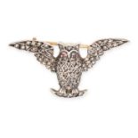 AN ANTIQUE DIAMOND OWL BROOCH in yellow gold and silver, designed as an owl with outstretched win...