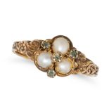 AN ANTIQUE PEARL AND GREEN BERYL RING in yellow gold, set with a cluster of pearls accented by cu...