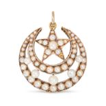 AN ANTIQUE PEARL CRESCENT MOON AND STAR PENDANT in yellow gold, designed as a crescent moon and a...