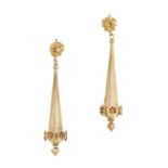 A PAIR OF ANTIQUE GOLD DROP EARRINGS in yellow gold, each comprising a foliate top suspending a t...