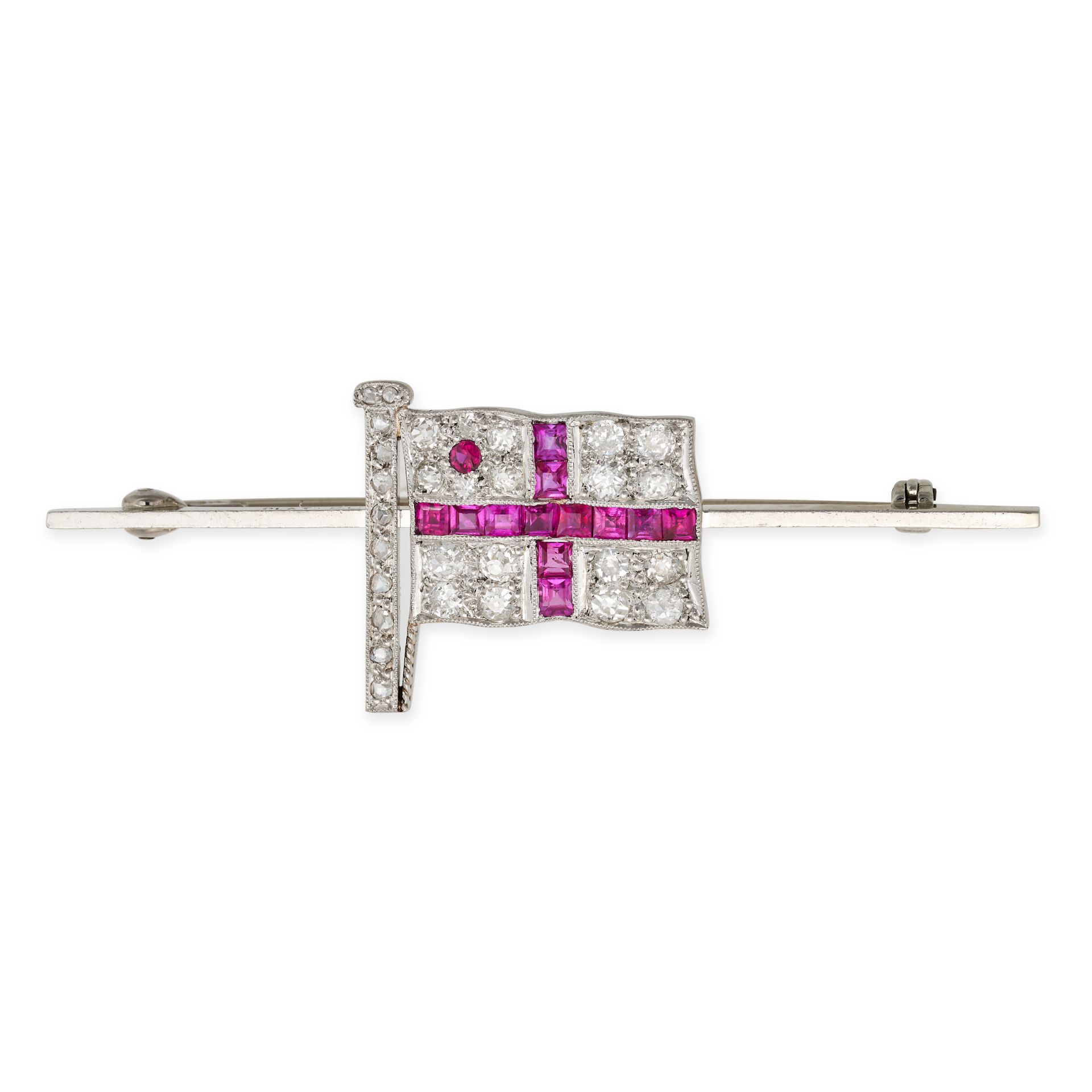 A DIAMOND AND RUBY FLAG BROOCH in 18ct white gold and platinum, designed as St George's flag set ...