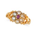 A PEARL AND RUBY CLUSTER RING in 18ct yellow gold, set with a cushion cut ruby in a cluster of pe...