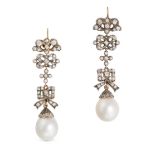 A PAIR OF ANTIQUE PEARL AND DIAMOND DROP EARRINGS in yellow gold and silver, each designed with f...