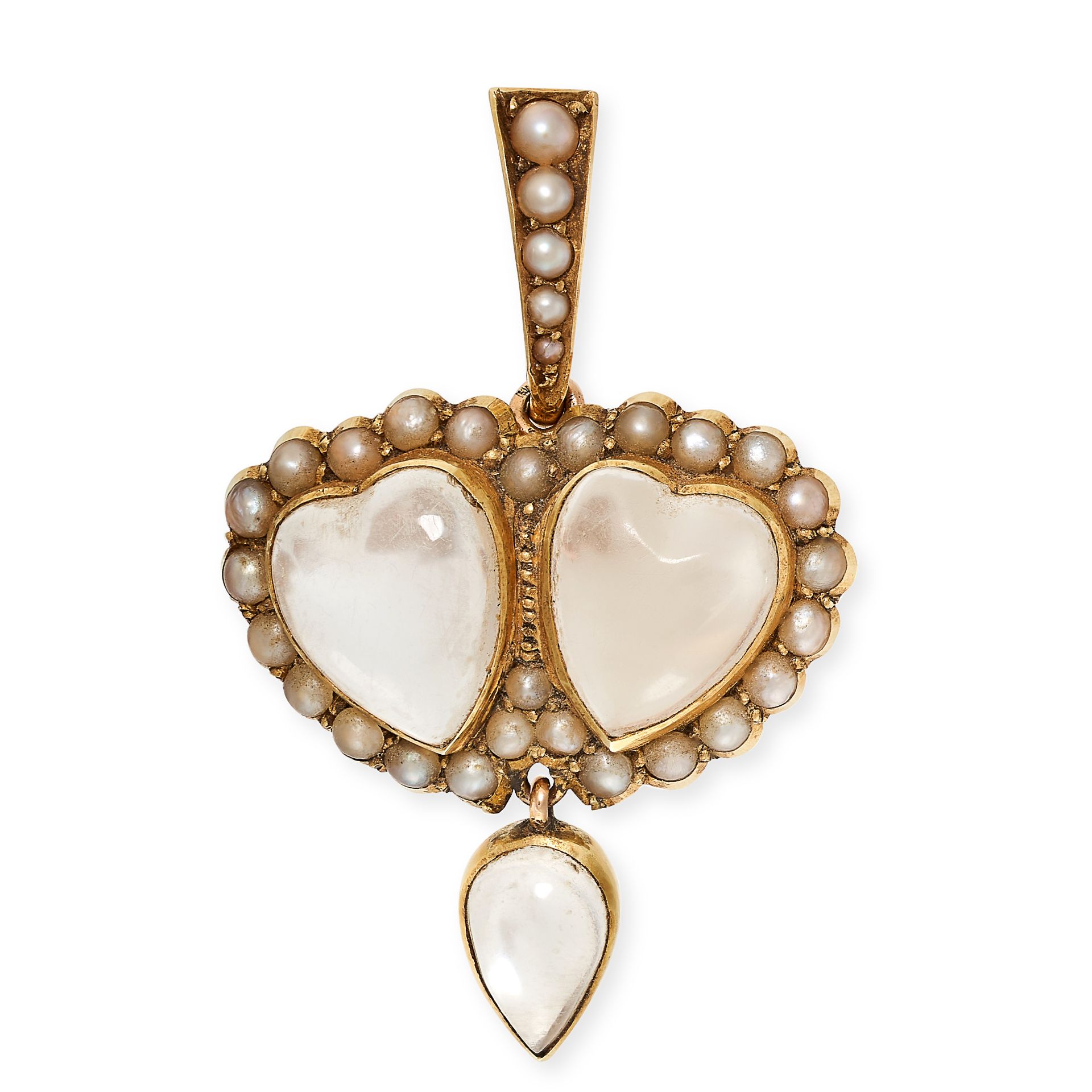 AN ANTIQUE MOONSTONE AND PEARL SWEETHEART BROOCH / PENDANT in yellow gold, set with two heart sha...