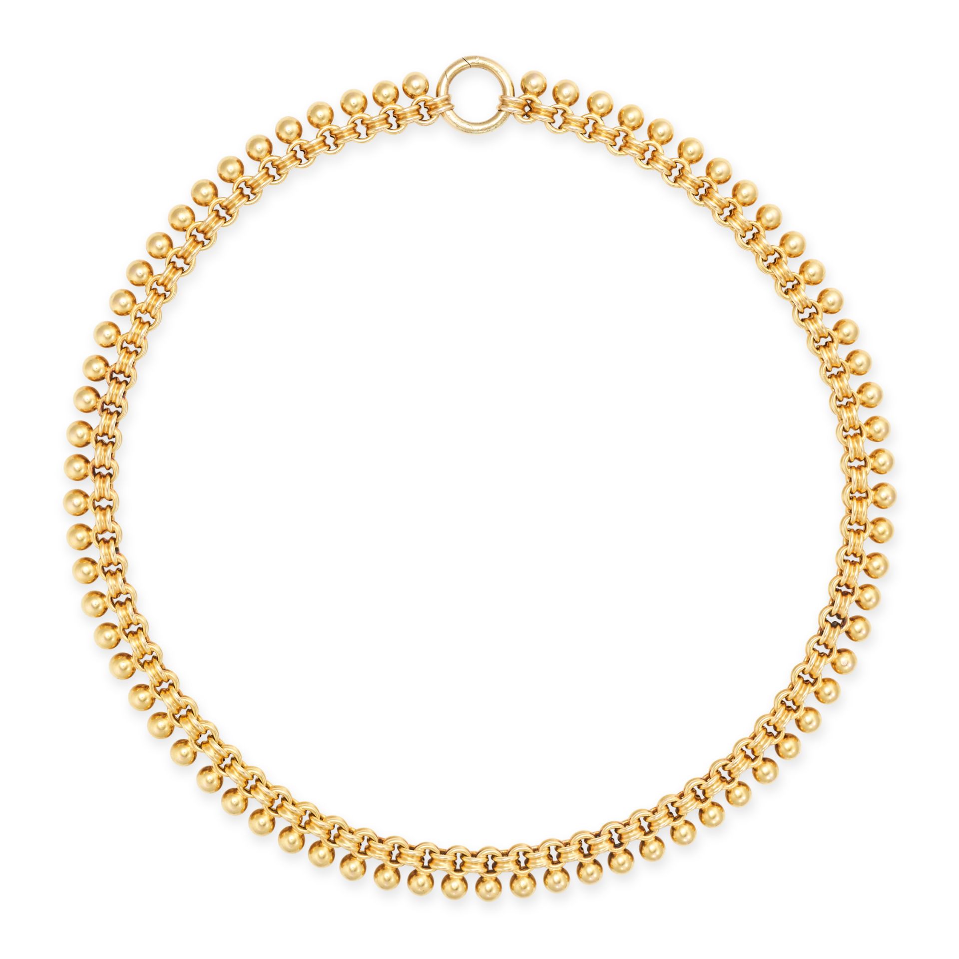 AN ANTIQUE GOLD FRINGE NECKLACE in 18ct yellow gold, comprising a row of fancy links suspending g...