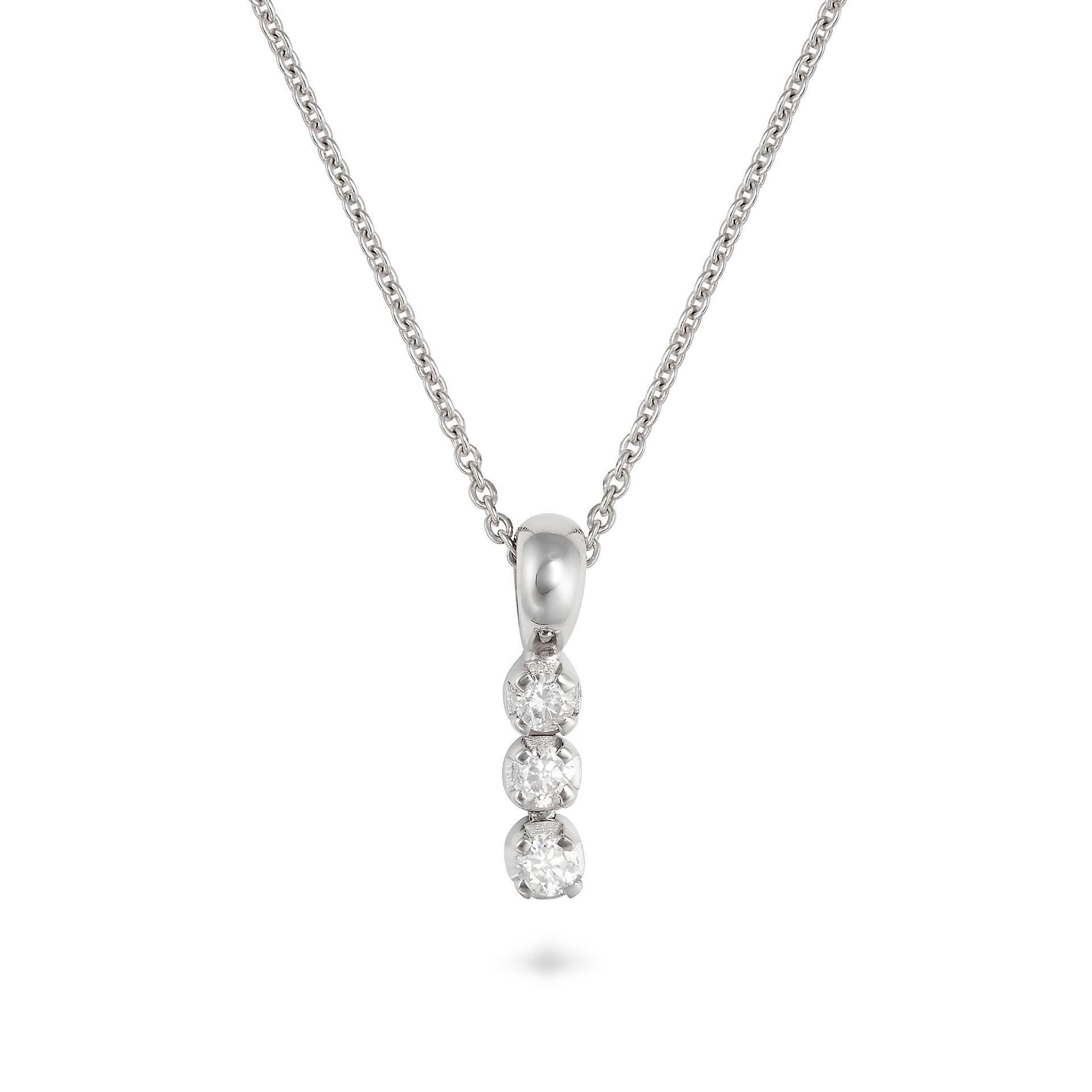 A DIAMOND PENDANT NECKLACE in 18ct white gold, the pendant set with a row of round brilliant cut ...