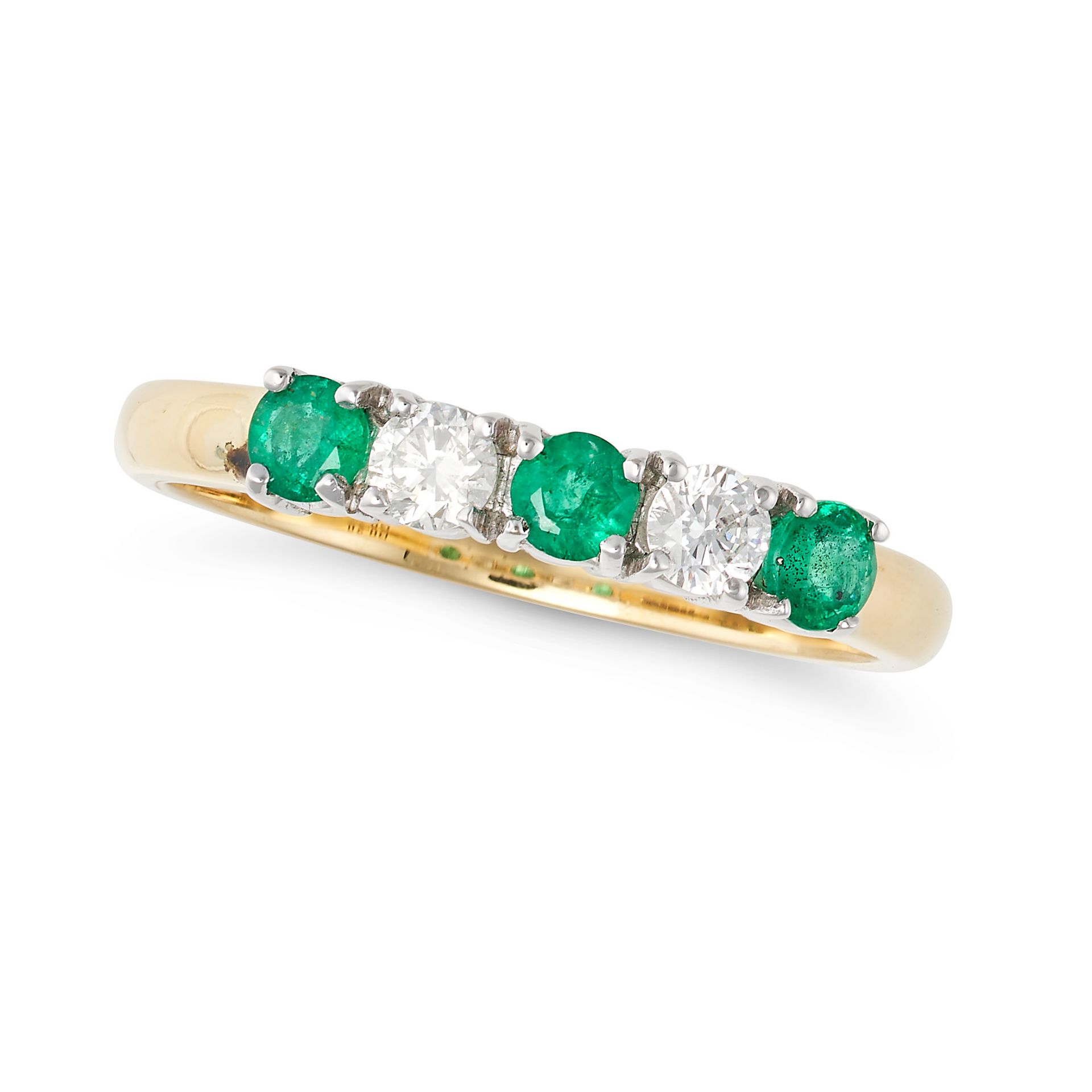 AN EMERALD AND DIAMOND RING in 18ct white and yellow gold, set with round cut emerald of 0.35 car...