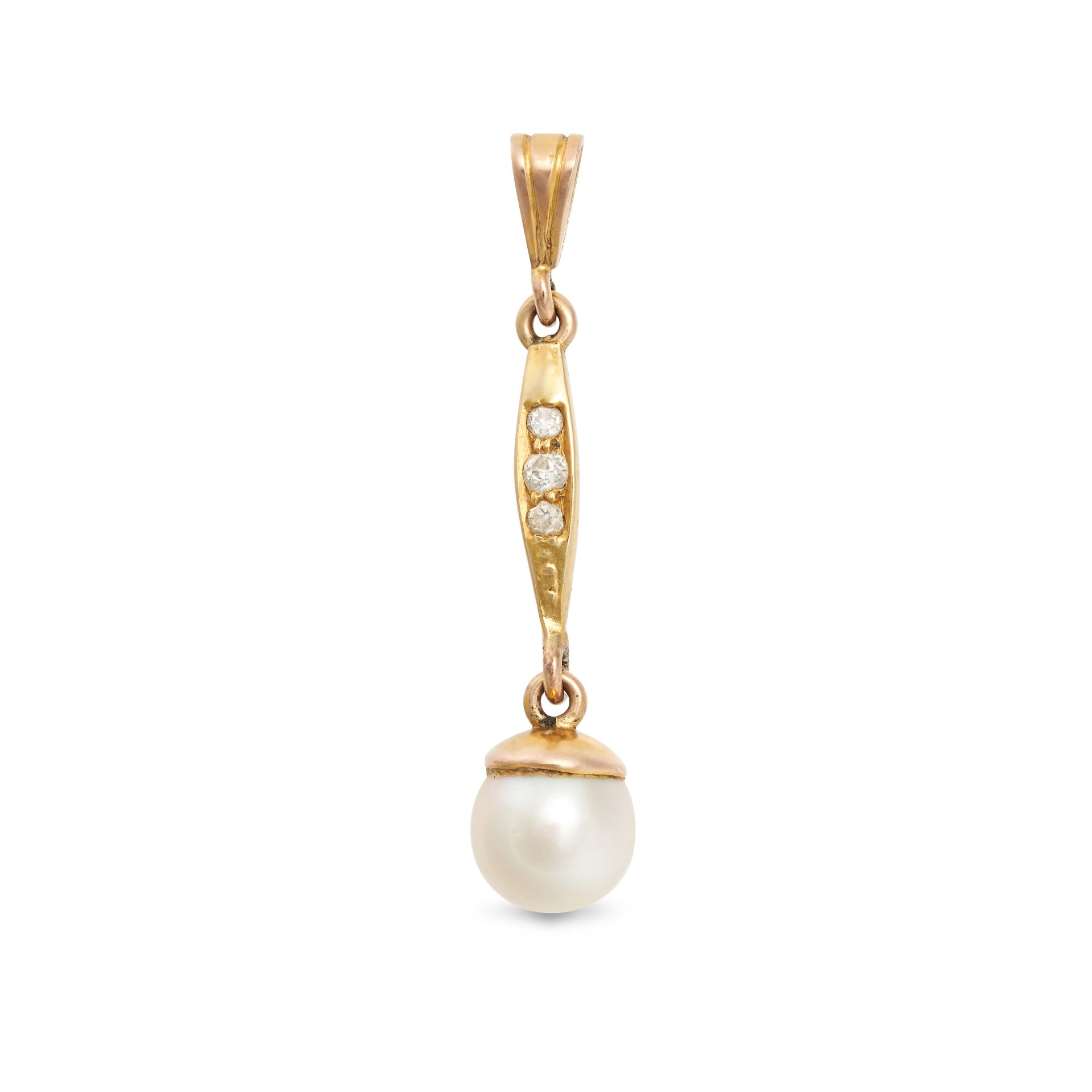 NO RESERVE - A PEARL AND DIAMOND DROP PENDANT in yellow gold, comprising row of old cut diamonds ...