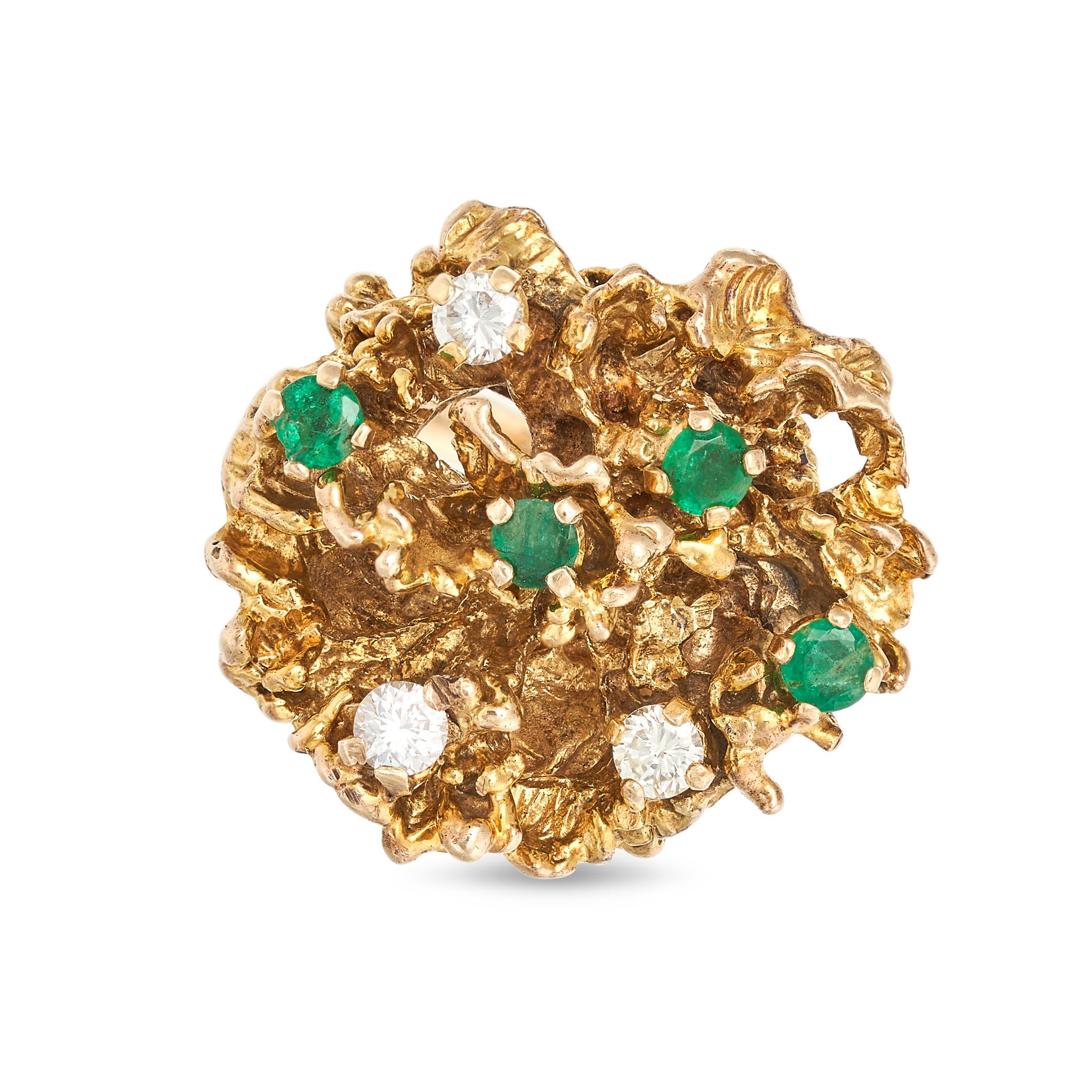 A VINTAGE EMERALD AND DIAMOND RING in 9ct yellow gold, in modernist design, set with round cut em...