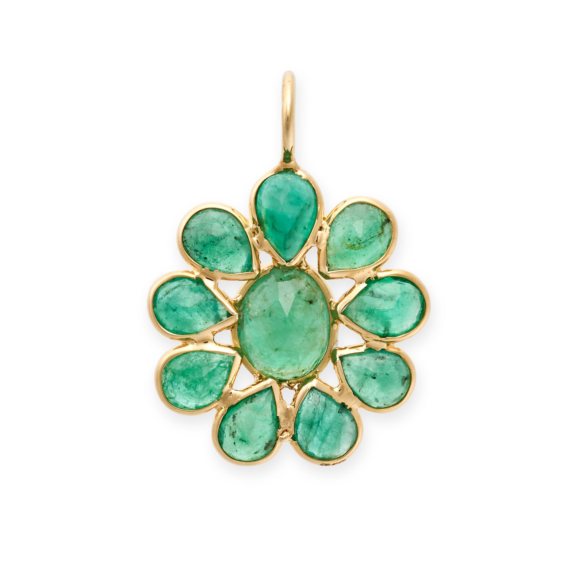 AN EMERALD FLOWER PENDANT in 18ct yellow gold, set with an oval cut emerald to the centre in a su...
