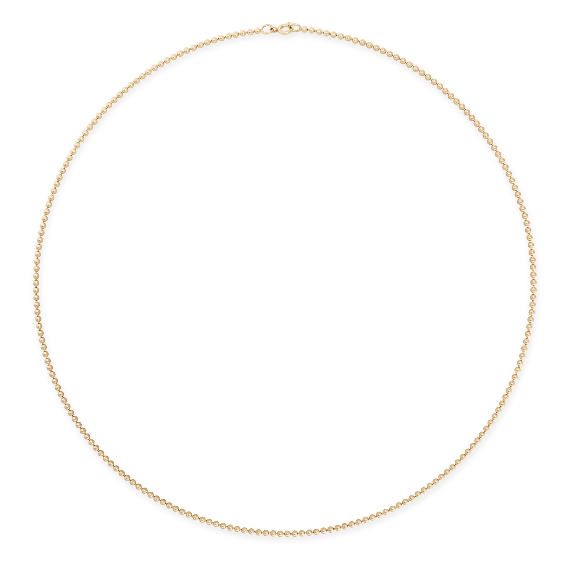 A GOLD NECKLACE in 9ct yellow gold, comprising a row of gold beads, stamped 375 9K, 52.0cm, 9.0g.