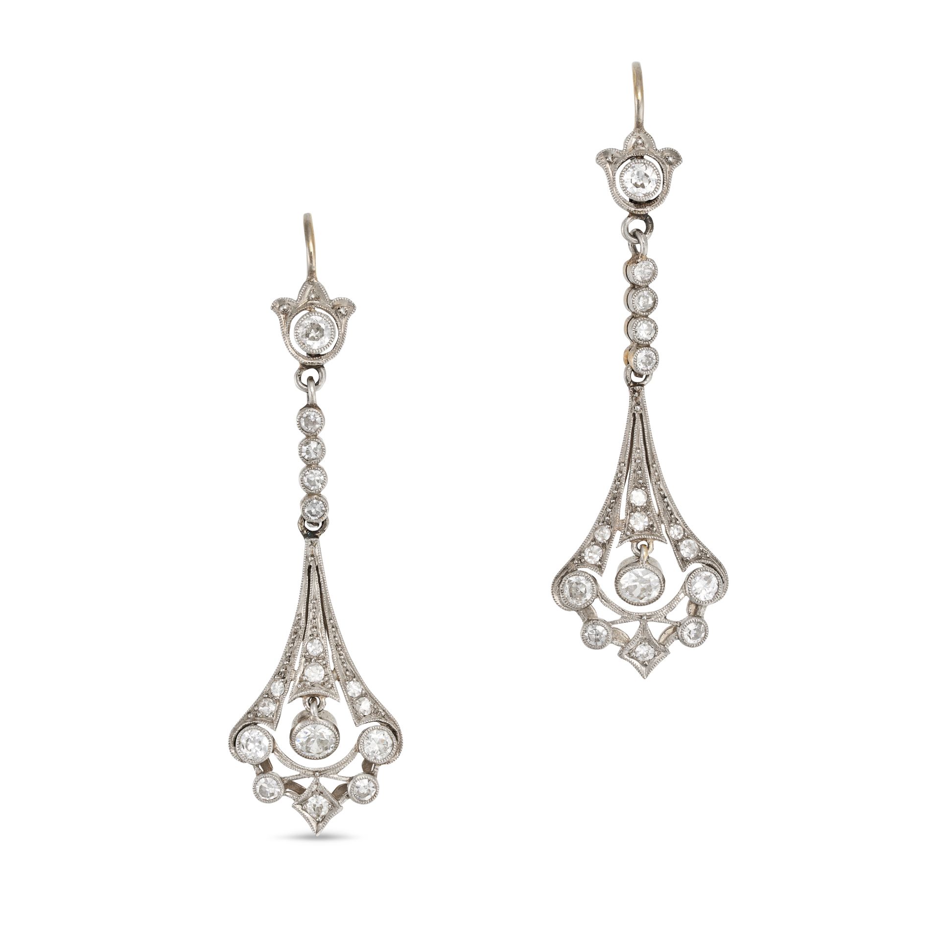 A PAIR OF DIAMOND DROP EARRINGS in 18ct white gold, each set with two round brilliant cut diamond...