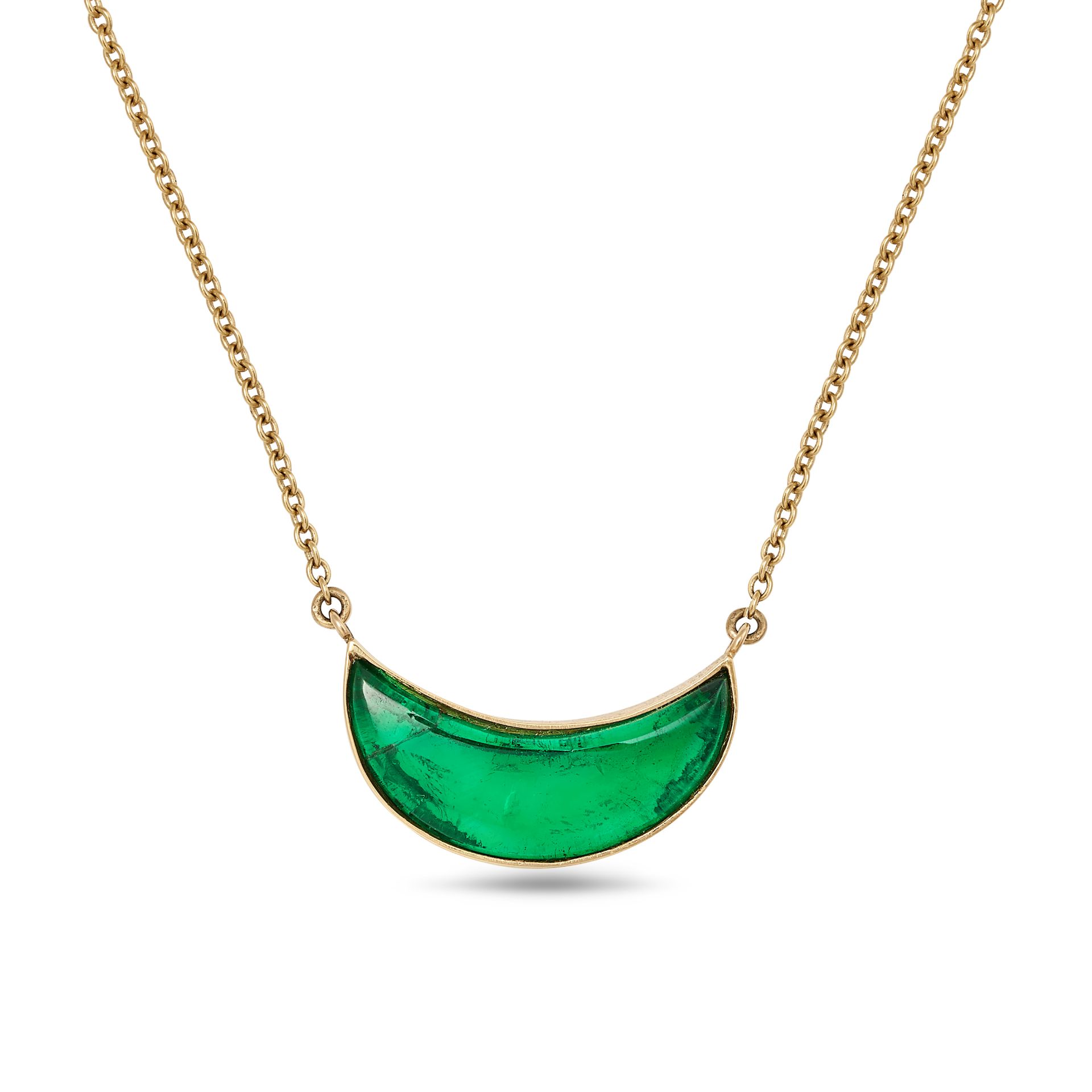 AN EMERALD CRESCENT MOON PENDANT NECKLACE in 18ct yellow gold, the pendant set with a crescent sh...