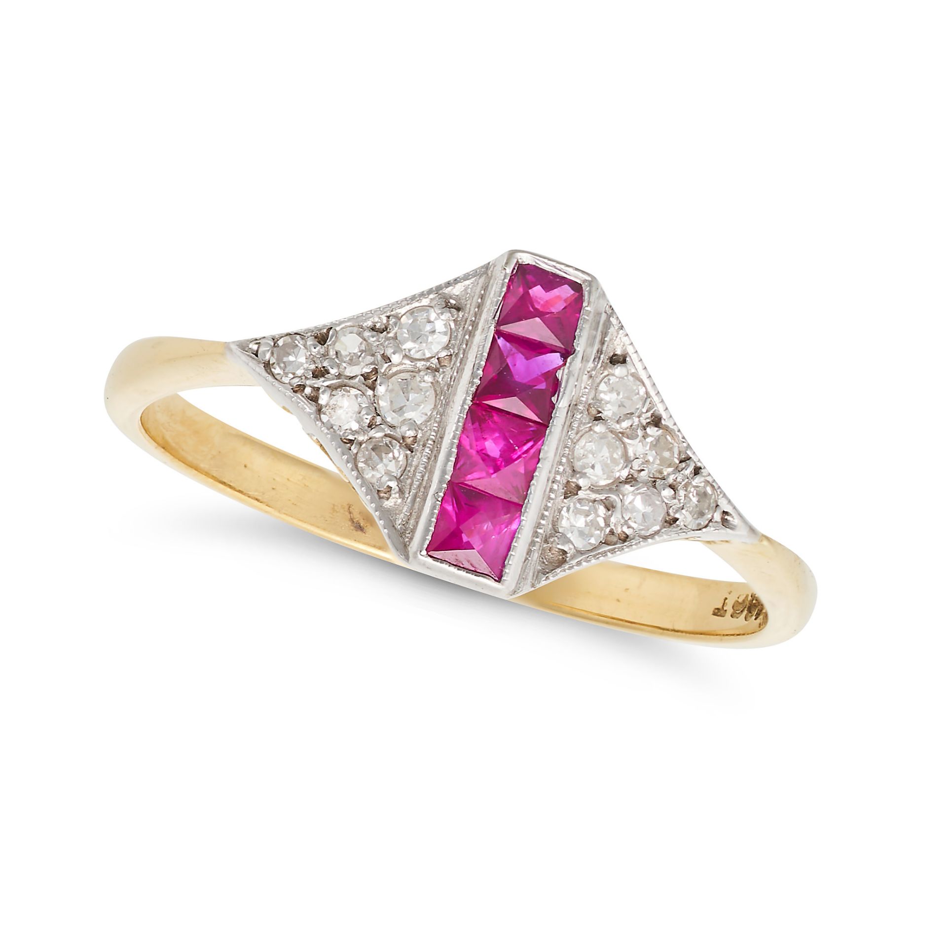 A RUBY AND DIAMOND DRESS RING in 18ct white and yellow gold, set with a row of French cut rubies ...