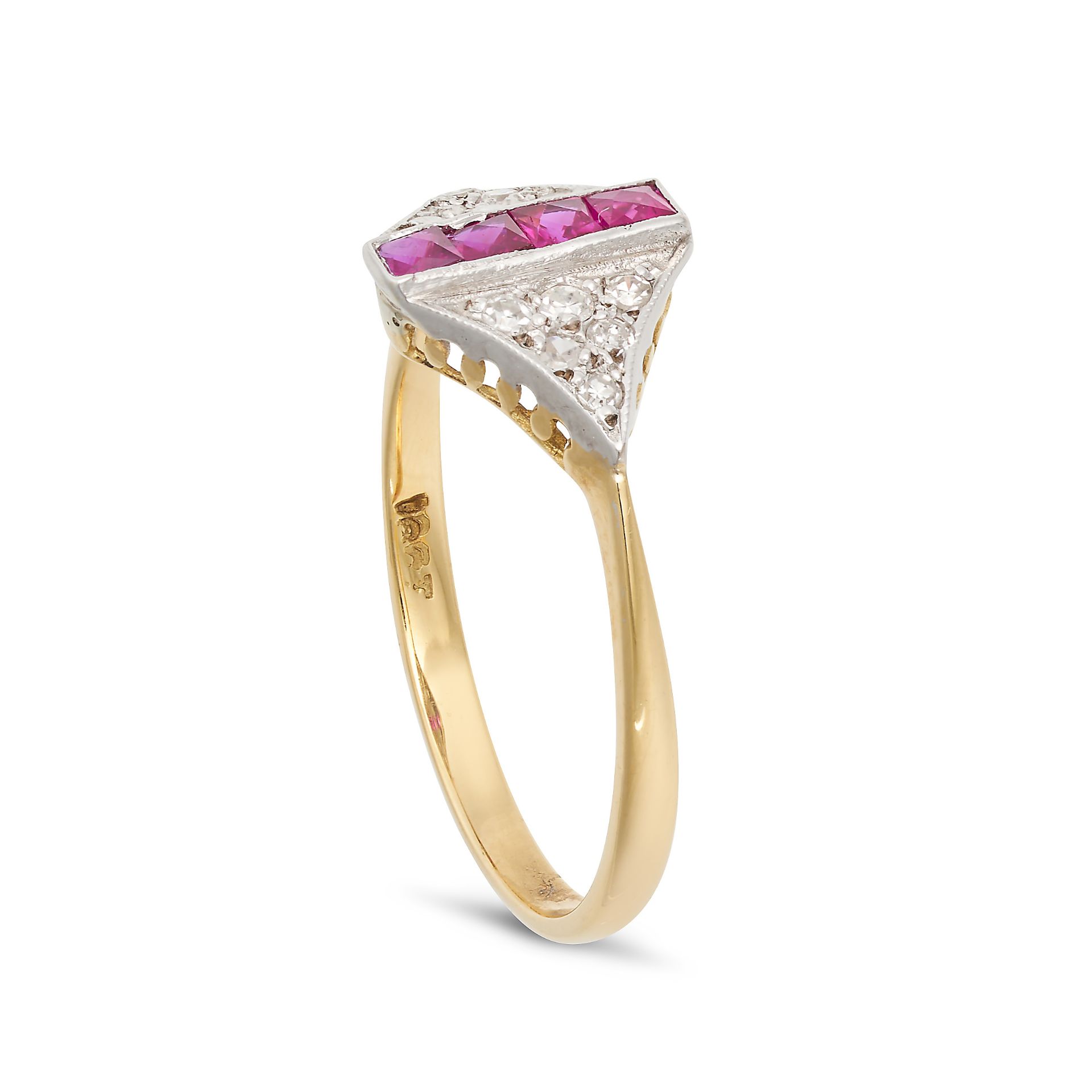 A RUBY AND DIAMOND DRESS RING in 18ct white and yellow gold, set with a row of French cut rubies ... - Image 2 of 2