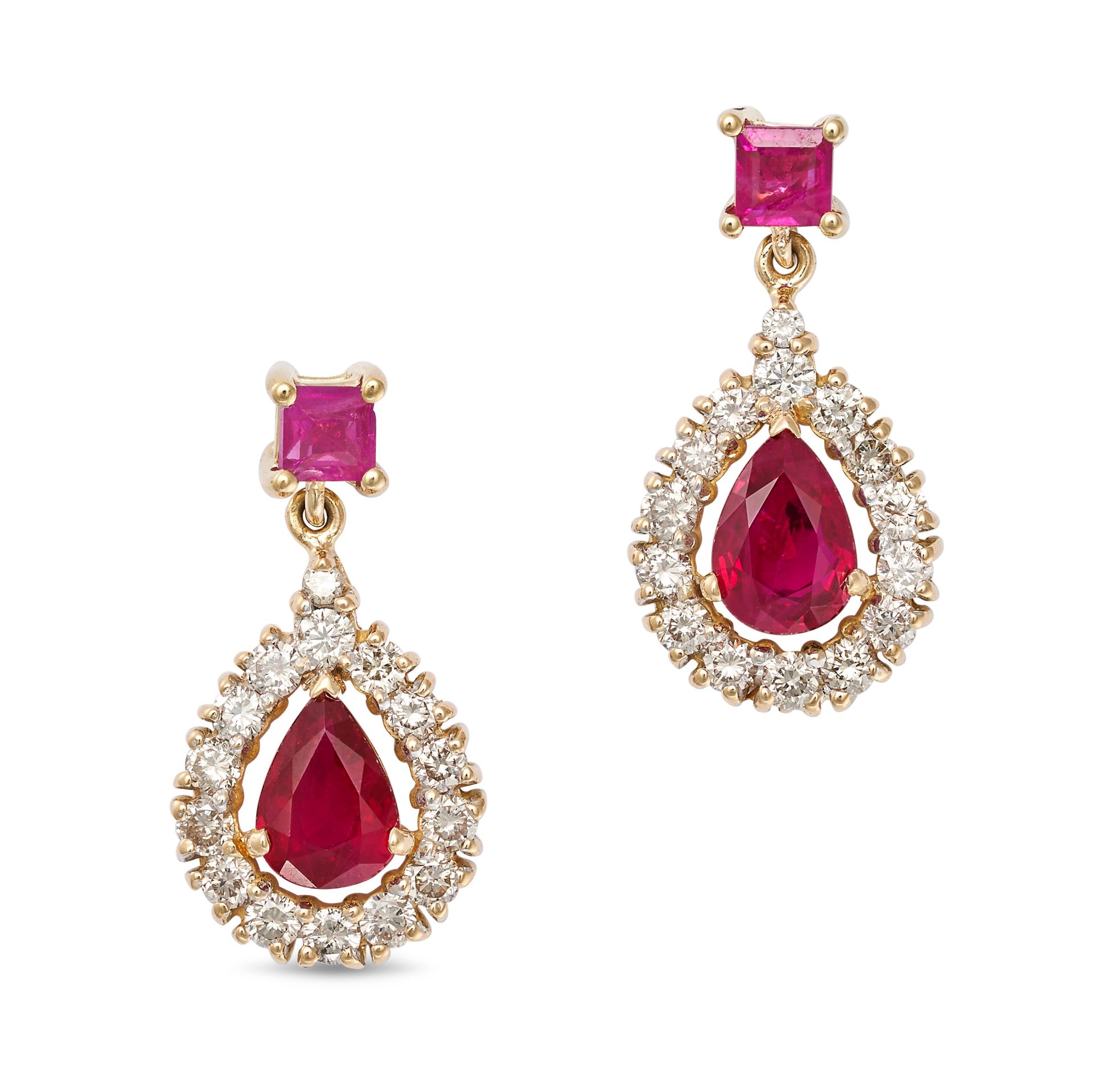 A PAIR OF SYNTHETIC RUBY AND DIAMOND DROP EARRINGS in yellow gold, each set with a square step cu...