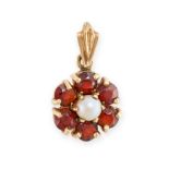 A GARNET AND PEARL PENDANT in yellow gold, set with a pearl in a cluster of round cut garnets, no...