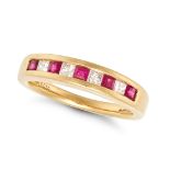 A RUBY AND DIAMOND HALF ETERNITY RING in 18ct yellow gold, set with a row of alternating square c...