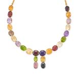 A MULTIGEM HARLEQUIN NECKLACE set with oval cut amethysts, smoky quartz, citrines, purple, blue, ...