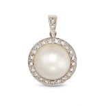 A PEARL AND DIAMOND PENDANT set with a mabe pearl of 14.0mm in a border of single cut diamonds, f...