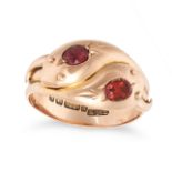 AN ANTIQUE GARNET SNAKE RING in 9ct rose gold, designed as a two coiled snakes, each head set wit...