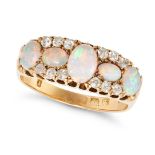 AN ANTIQUE OPAL AND DIAMOND FIVE STONE RING in 18ct yellow gold, set with oval cabochon cut opals...