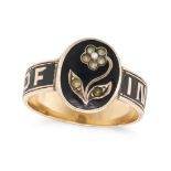 AN ANTIQUE SEED PEARL AND ENAMEL MOURNING RING in 14ct yellow gold, comprising a seed pearl set f...