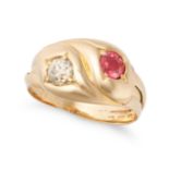 AN ANTIQUE VICTORIAN ORANGE SAPPHIRE AND DIAMOND SNAKE RING in 18ct yellow gold, designed as two ...