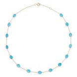 A TURQUOISE CHAIN NECKLACE in 18ct yellow gold, comprising a trace chain set with fifteen oval ca...