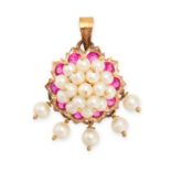 NO RESERVE - A SYNTHETIC RUBY AND PEARL PENDANT in 12ct yellow gold, set with a cluster of pearls...