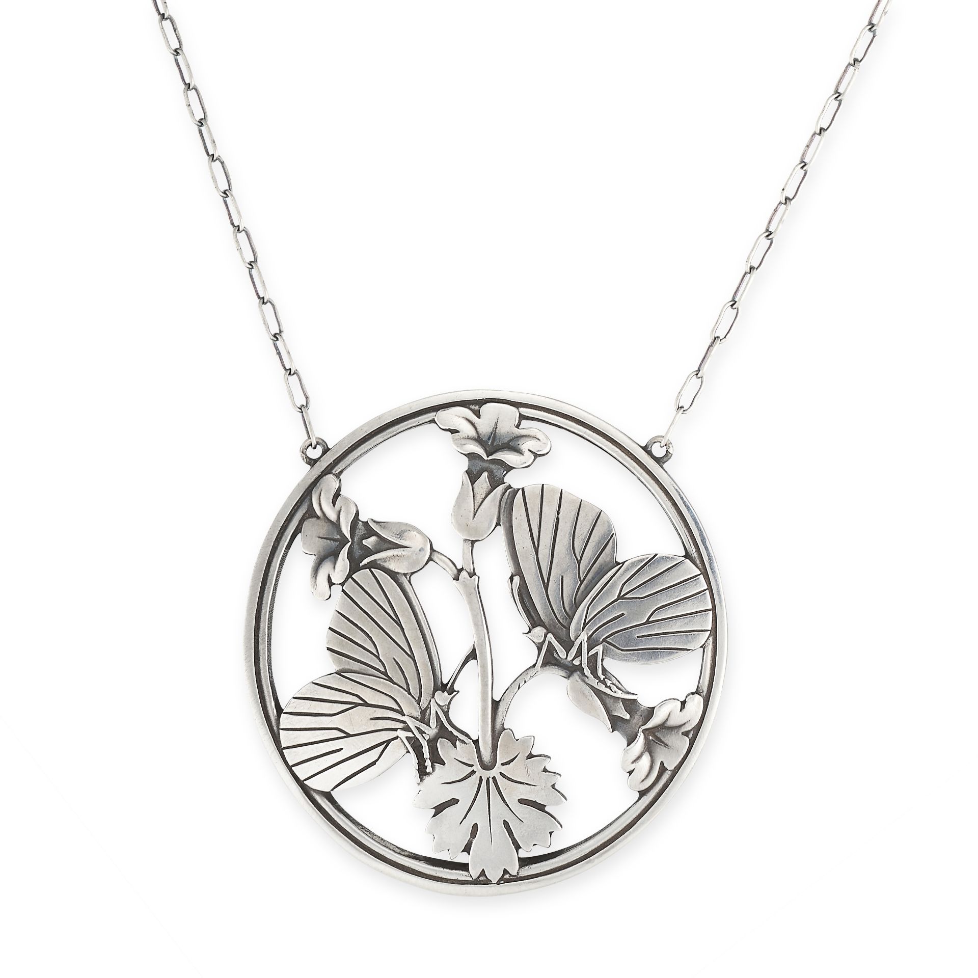 NO RESERVE - GEORG JENSEN, A VINTAGE SILVER GERANIUM AND BUTTERFLY MEDALLION PENDANT designed by ...