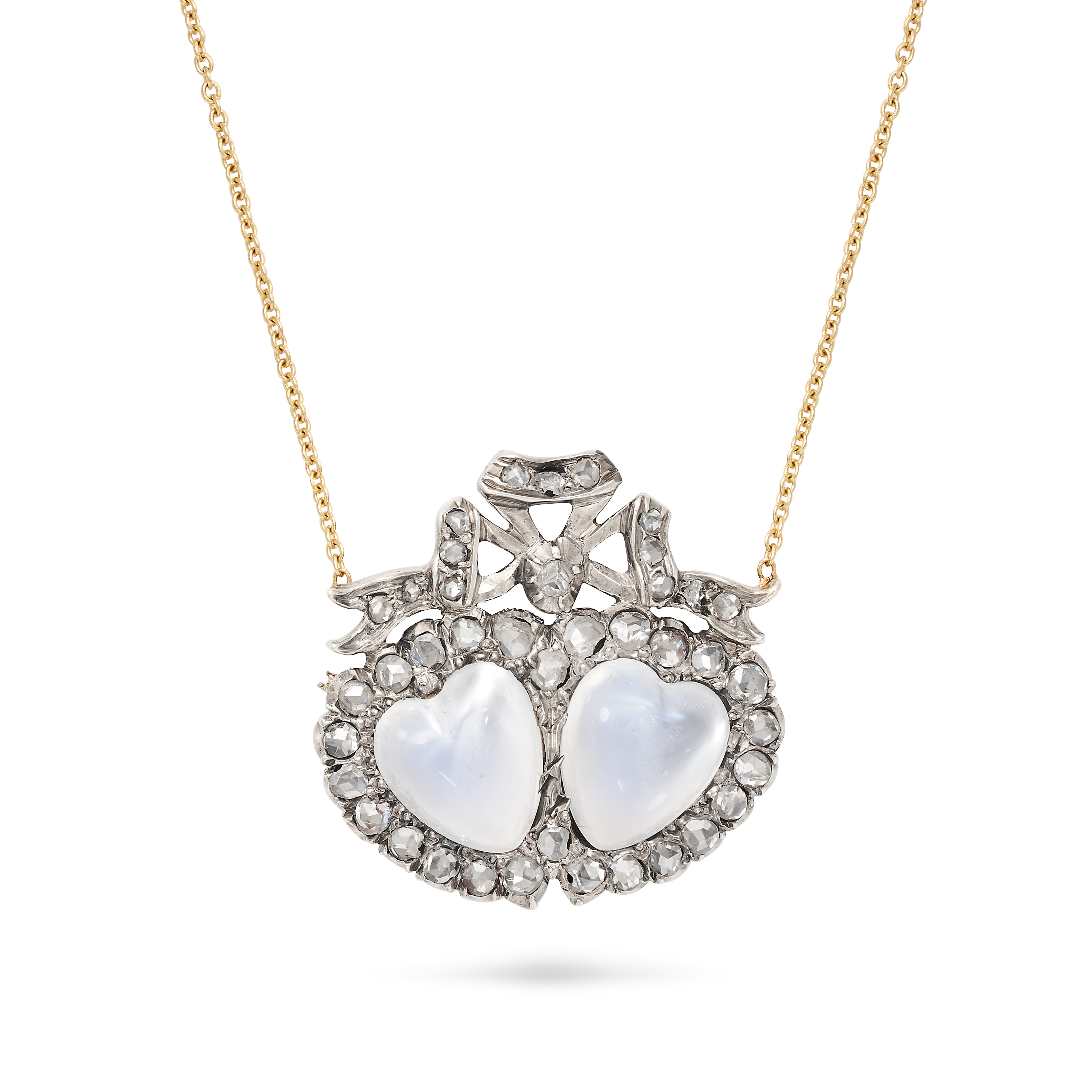 AN ANTIQUE VICTORIAN MOONSTONE AND DIAMOND SWEETHEART PENDANT NECKLACE in yellow gold and silver,...