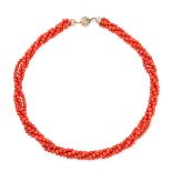 A FOUR ROW CORAL BEAD NECKLACE in silver, set with four rows of round coral beads measuring 3.7mm...