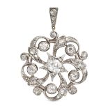 AN ANTIQUE DIAMOND PENDANT in scrolling design, the openwork circular body set throughout with ol...