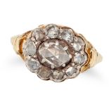 AN ANTIQUE DIAMOND CLUSTER RING in 14ct yellow gold and silver, set a cluster of rose cut diamond...