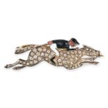 AN ANTIQUE DIAMOND AND ENAMEL HORSE AND JOCKEY BROOCH in 18ct gold and silver, the horse’s body s...