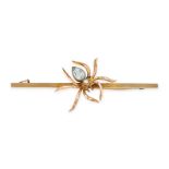 AN AQUAMARINE AND PEARL SPIDER BAR BROOCH in 9ct yellow gold, designed as a spider set with a pea...