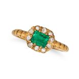 AN ANTIQUE EMERALD AND DIAMOND CLUSTER RING in 14ct yellow gold, set with a rectangular step cut ...