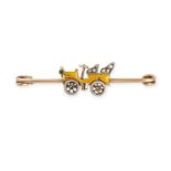 AN ANTIQUE DIAMOND AND ENAMEL MOTOR CAR BAR BROOCH in yellow gold and silver, the bar with an app...