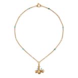 AN ANTIQUE PEARL AND TURQUOISE FLOWER BASKET PENDANT NECKLACE in high carat yellow gold, the pend...