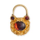 AN ANTIQUE VICTORIAN GARNET MOURNING PADLOCK PENDANT in yellow gold, the padlock in a foliate des...