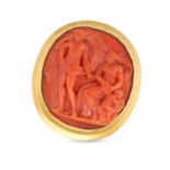 AN ANTIQUE CORAL CAMEO RING in yellow gold, set with a carved coral cameo depicting two classical...