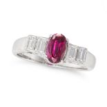AN UNHEATED RUBY AND DIAMOND RING in 14ct white gold, set with an oval cut ruby of 0.95 carats ac...